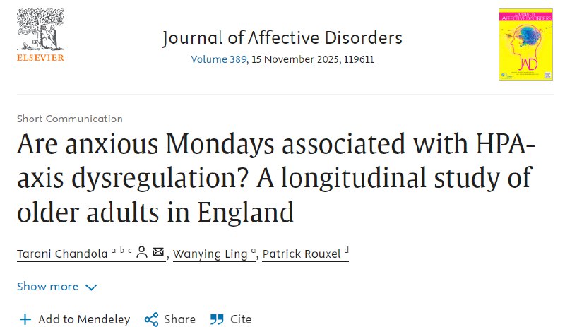 退休也难逃“周一劫”？研究揭示“周一焦虑”对老年人身心的隐秘打击“周一焦虑”——即人们在每周开始时，尤其是在星期一感受到的与工作或生活压力相关的焦虑情绪——可能导致下丘脑-垂体-肾上腺（HPA）轴功能紊乱 