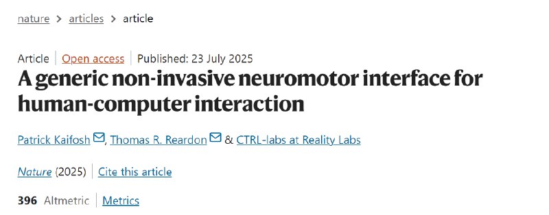 用肌电信号实现“隔空操作”：Meta发布通用神经运动接口腕带Meta公司在《自然》杂志上发表了一项突破性研究，展示了一种新型的非侵入式神经运动接口腕带