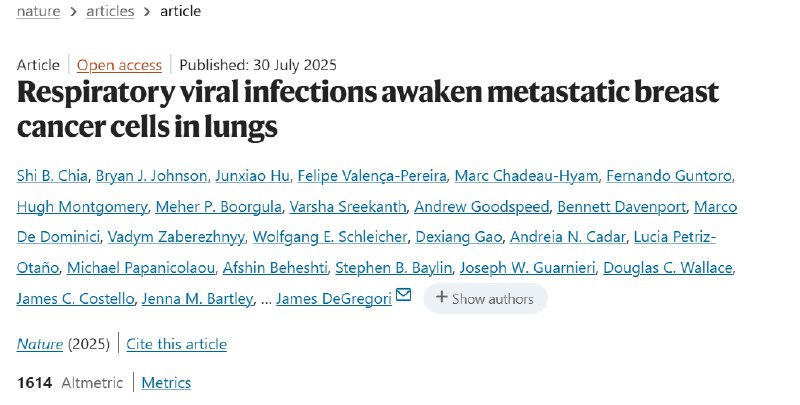感冒竟能唤醒“沉睡”癌细胞？《自然》重磅研究揭示呼吸道病毒或成癌症复发“元凶”癌症即使在成功治疗后仍可能在数年甚至数十年后复发，这主要源于体内“沉睡”的休眠癌细胞被意外唤醒