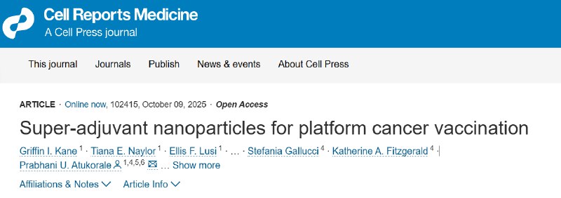 纳米“超级佐剂”疫苗平台登场：双引擎驱动免疫，广谱抗癌未来可期！近日，《细胞报告医学》杂志刊登了一项突破性研究，美国马萨诸塞大学的研究团队成功设计出一种“超级佐剂”纳米颗粒系统，可作为模块化的通用平台，用于开发新一代癌症疫苗 