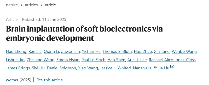 大脑里的“隐形芯片”：科幻成真，解锁生命发育的奥秘！ 研究人员在《自然》杂志上发表了一项开创性研究，他们开发出一种超柔软、超薄的网状微电极阵列，它能够像“隐形衣”一样，在胚胎发育过程中悄无声息地融入大脑，实现对神经活动的长期、稳定追踪，且不影响大脑正常发育和行为 