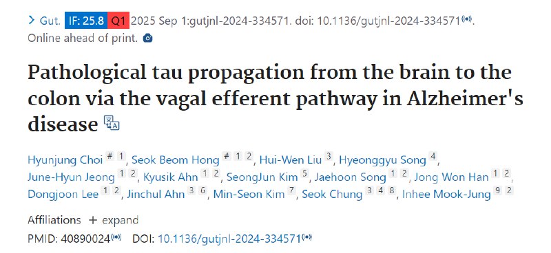 阿尔茨海默病“脑肠轴”新发现：致病蛋白可从大脑“旅行”至肠道近期，首尔大学Inhee Mook-Jung教授团队在《Gut》期刊发表研究，揭示了阿尔茨海默病（AD）的一条全新病理传播路径