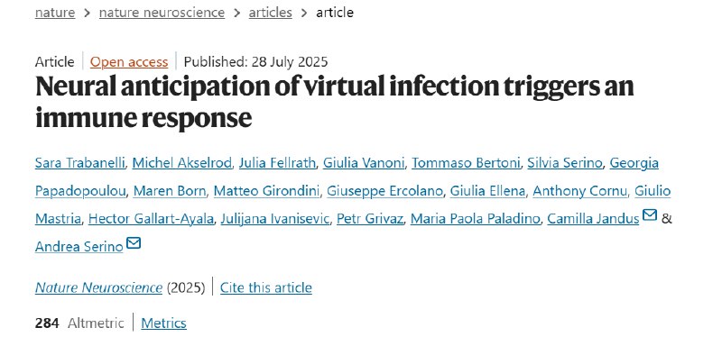看一眼就触发免疫反应？神经免疫调节的新发现一项发表在《自然 - 神经科学》杂志上的突破性研究表明，人类大脑对潜在感染的“预期”就能触发免疫反应
